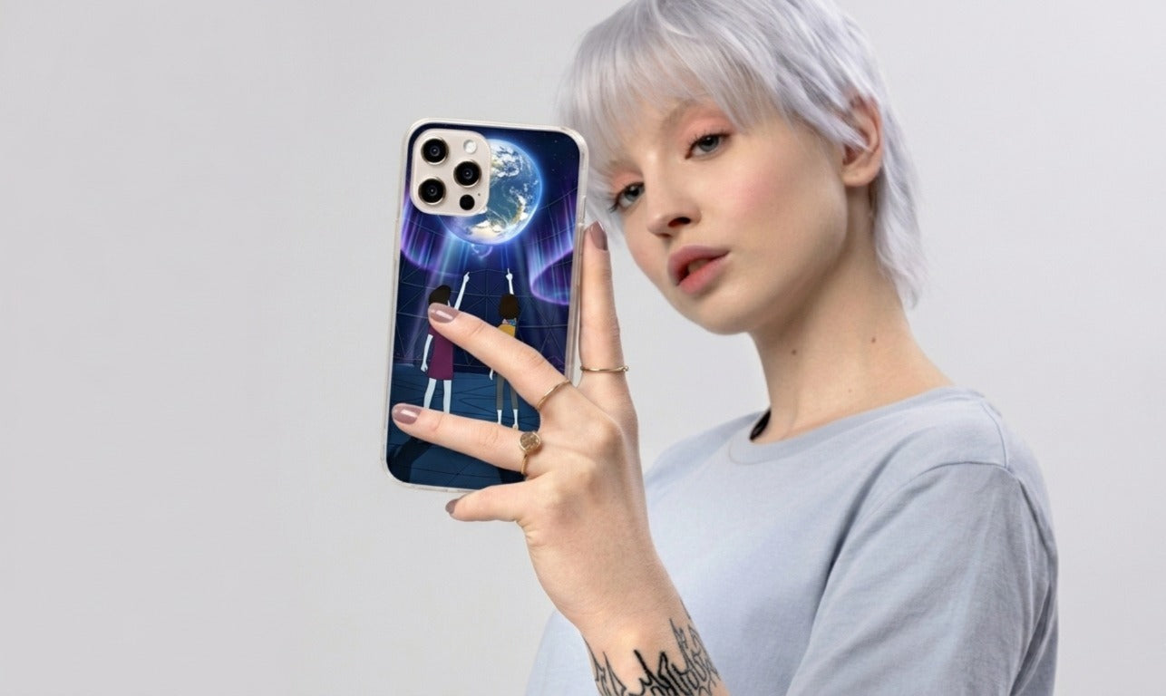 Cosmic Journey Clear iPhone Case — Two Friends Gazing at Earth