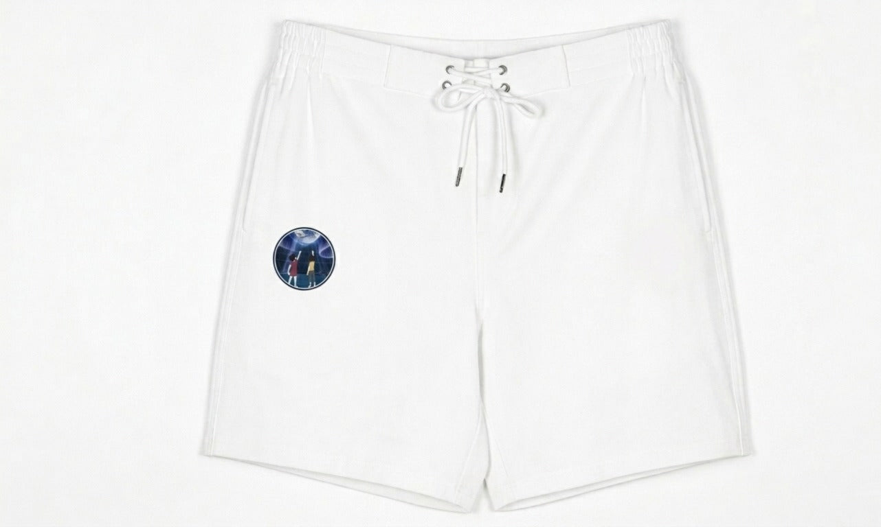 White Fleece Drawstring Shorts with Graphic Patch