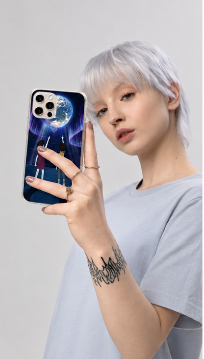 Cosmic Journey Clear iPhone Case — Two Friends Gazing at Earth