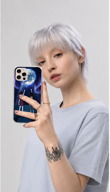 Cosmic Journey Clear iPhone Case — Two Friends Gazing at Earth