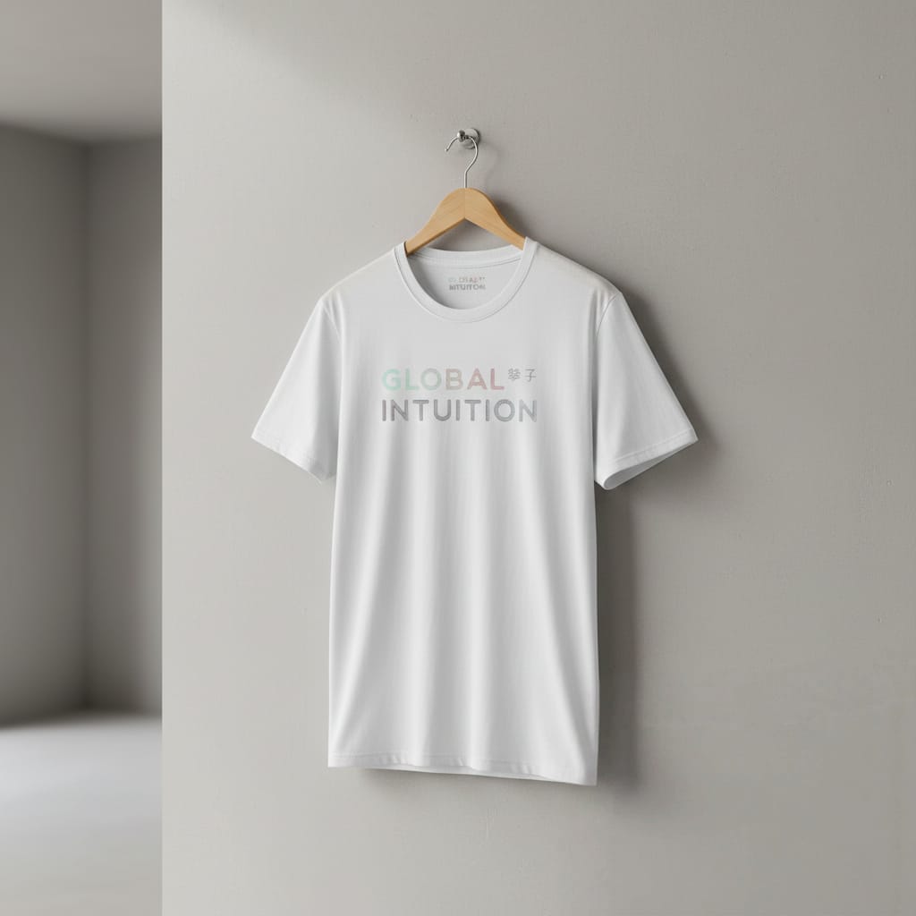 Global Intuition T-Shirt | Minimal Typography, Asian Character Accent, White Tee