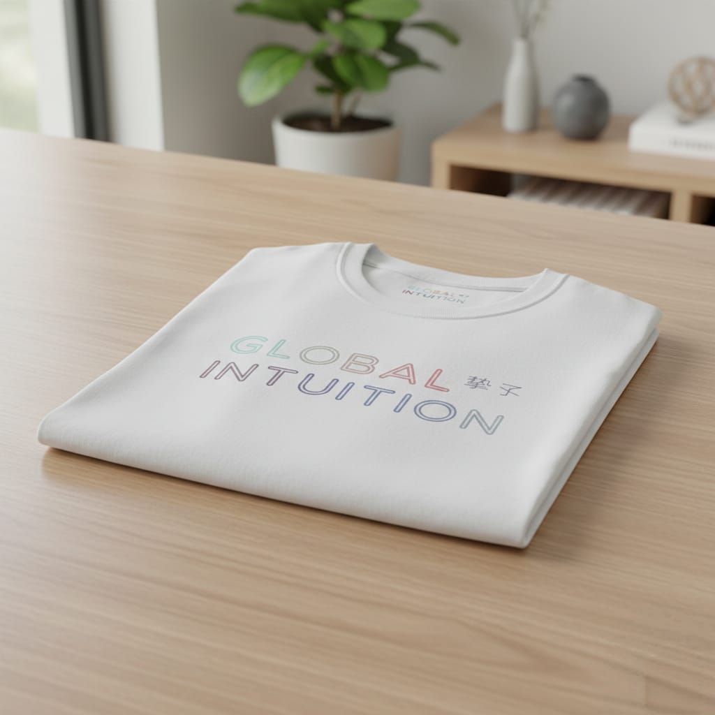 Global Intuition T-Shirt | Minimal Typography, Asian Character Accent, White Tee