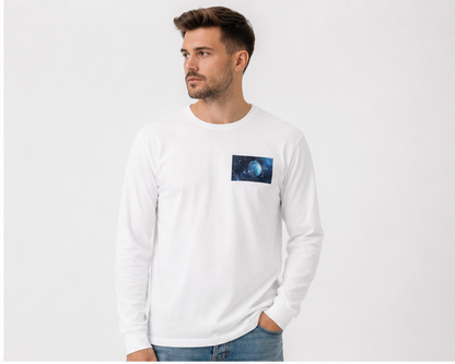 Men's White Long Sleeve T-Shirt with Galaxy Earth Chest Print