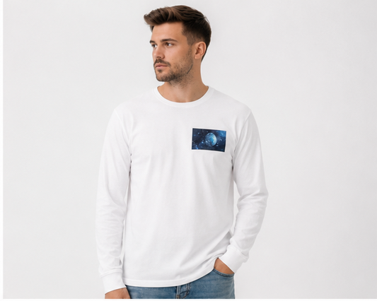 Men's White Long Sleeve T-Shirt with Galaxy Earth Chest Print
