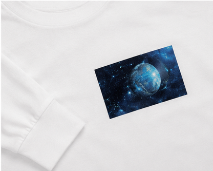 Men's White Long Sleeve T-Shirt with Galaxy Earth Chest Print