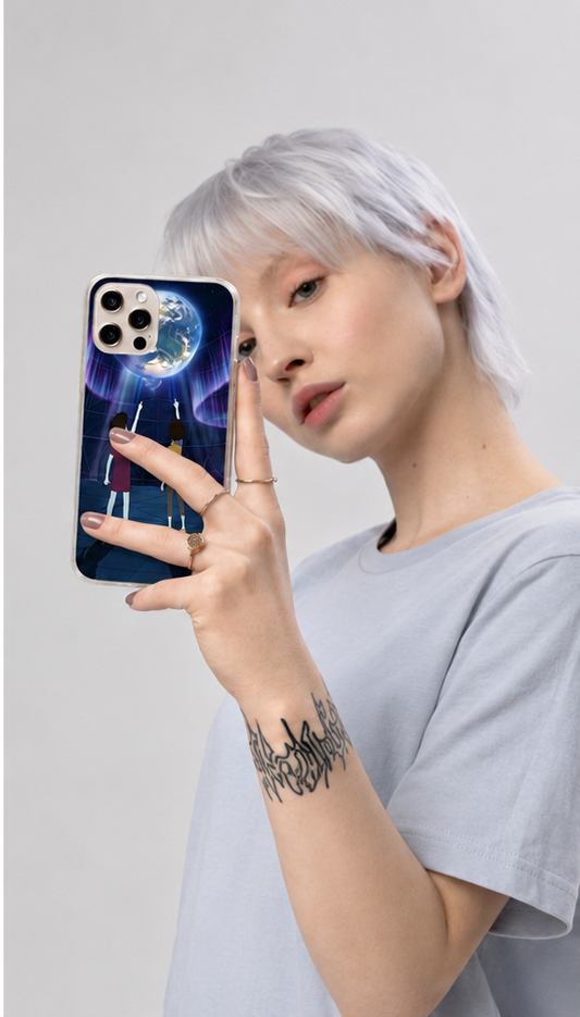Cosmic Journey Clear iPhone Case — Two Friends Gazing at Earth