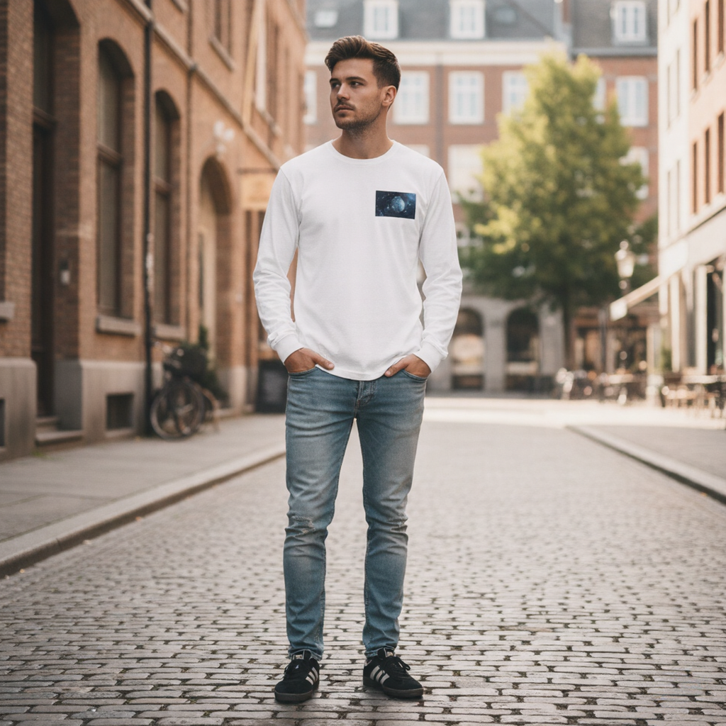 Men's White Long Sleeve T-Shirt with Galaxy Earth Chest Print