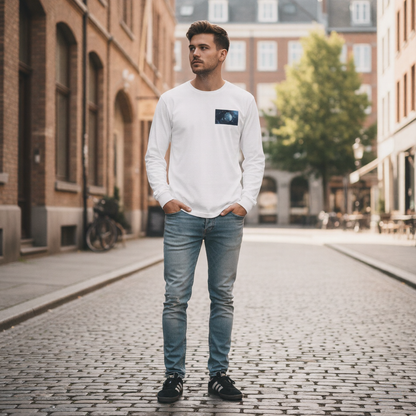 Men's White Long Sleeve T-Shirt with Galaxy Earth Chest Print