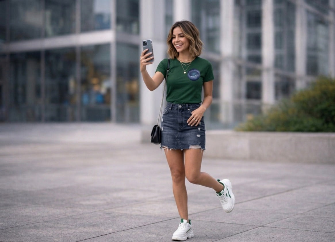 Women's Forest Green T-Shirt with Celestial Night Sky Circle Print