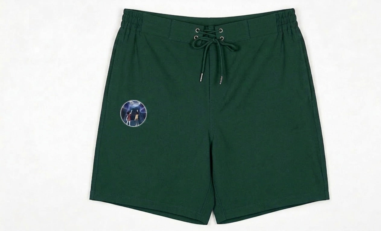 Forest Green Drawstring Shorts with Circular Graphic Patch