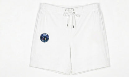 White Fleece Drawstring Shorts with Graphic Patch