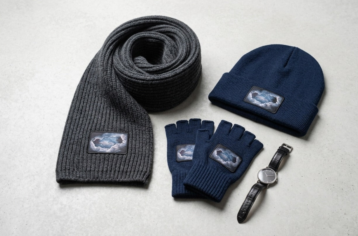 Storm Patch Fingerless Gloves | Navy Knit Winter Gloves with Art Patch