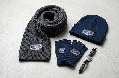 Storm Patch Fingerless Gloves | Navy Knit Winter Gloves with Art Patch