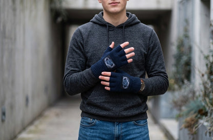 Storm Patch Fingerless Gloves | Navy Knit Winter Gloves with Art Patch