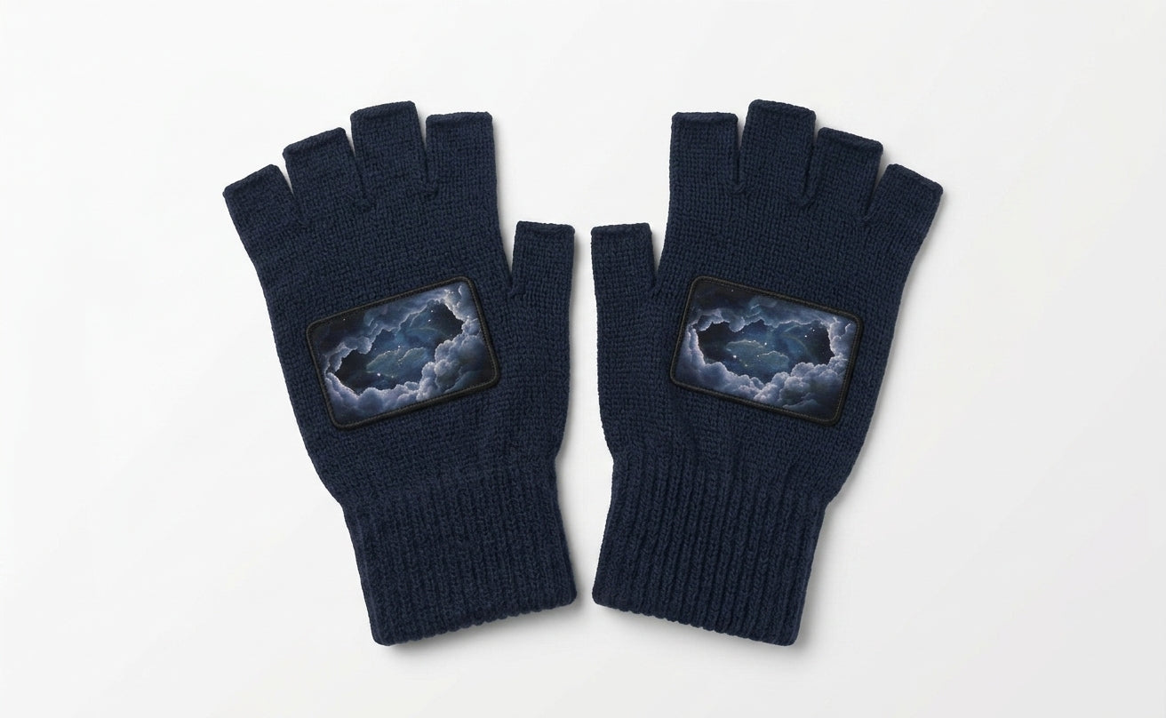 Storm Patch Fingerless Gloves | Navy Knit Winter Gloves with Art Patch