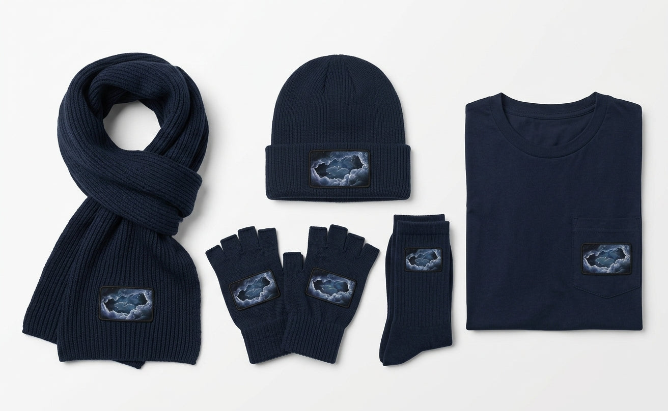 Storm Patch Fingerless Gloves | Navy Knit Winter Gloves with Art Patch