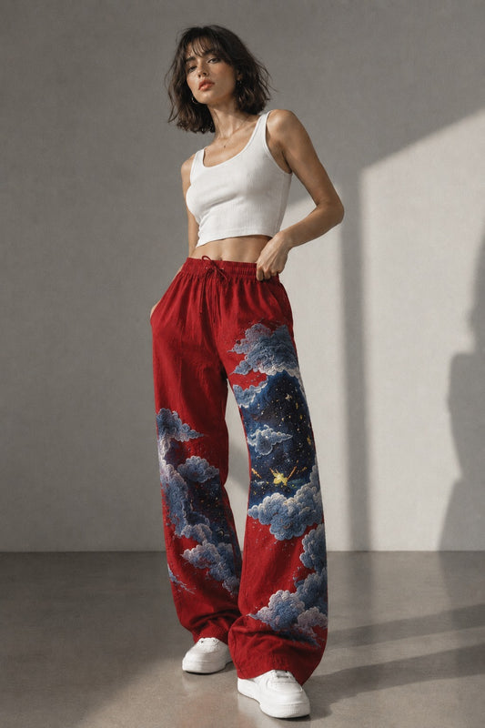 Celestial Cloud Wide-Leg Pants — Crimson