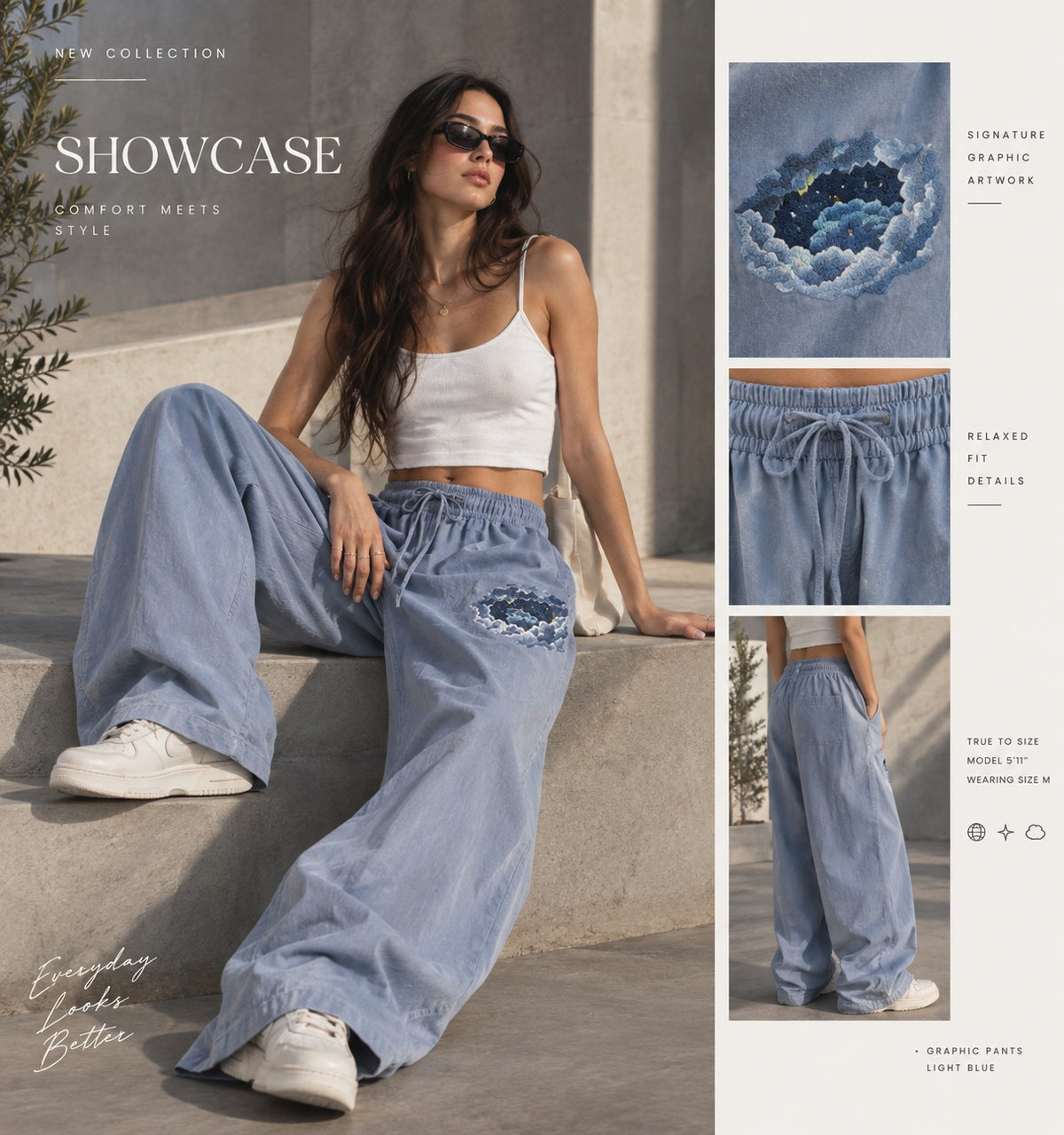 Nightfall Wave Wide-Leg Pants — Light Blue
