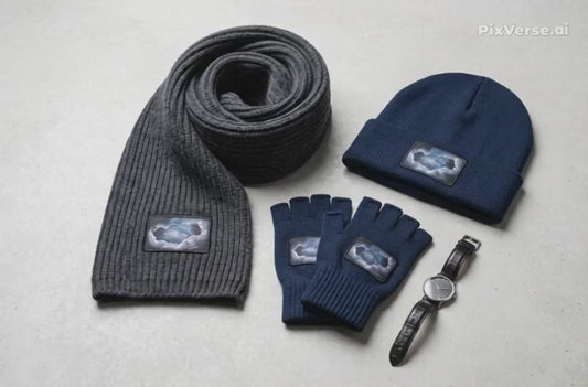 Storm Patch Fingerless Gloves | Navy Knit Winter Gloves with Art Patch